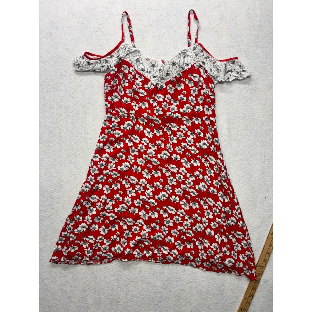 Jus d'Orange Modern Open Shoulder Midi Dress Cottagecore Coquette Floral S Red